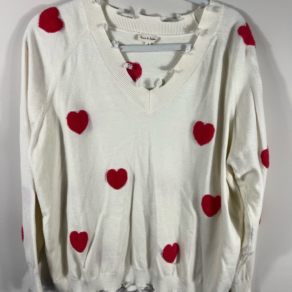 White Sweater with Red Heart Accents Valentine medium - Picture 3 of 4